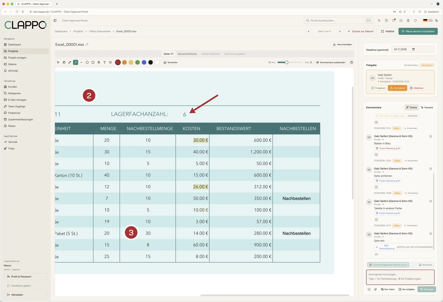 Excel-Tabelle im Portal mit Kommentaren in der Seitenleiste