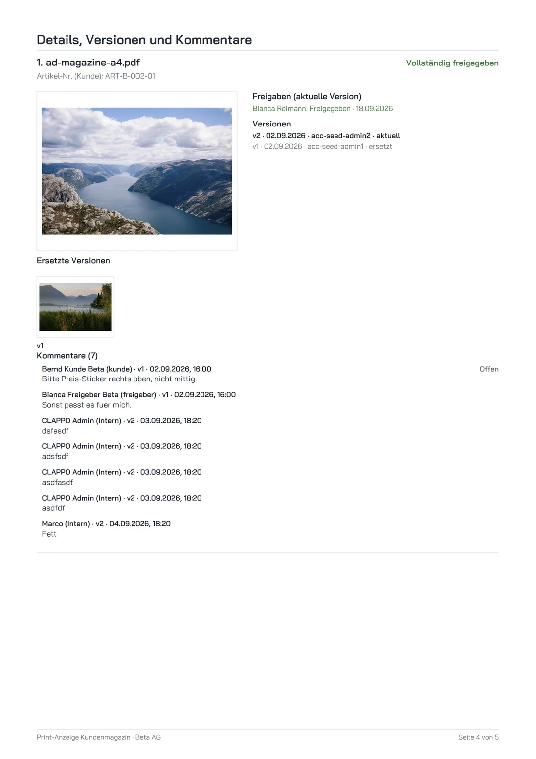 Seite einer PDF-Projektzusammenfassung mit Freigaben, Versionen und Kommentaren